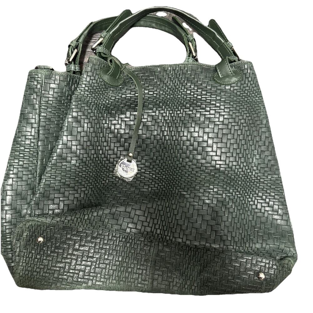 Fiore Dark Green Leather Woven Large Tote Handbag New